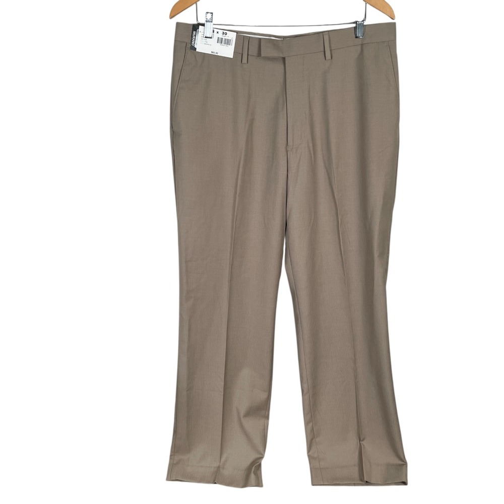 New Murano Straight Leg Dress Pants‎ Mens 36x30 Brown Striped Flat Front Stretch